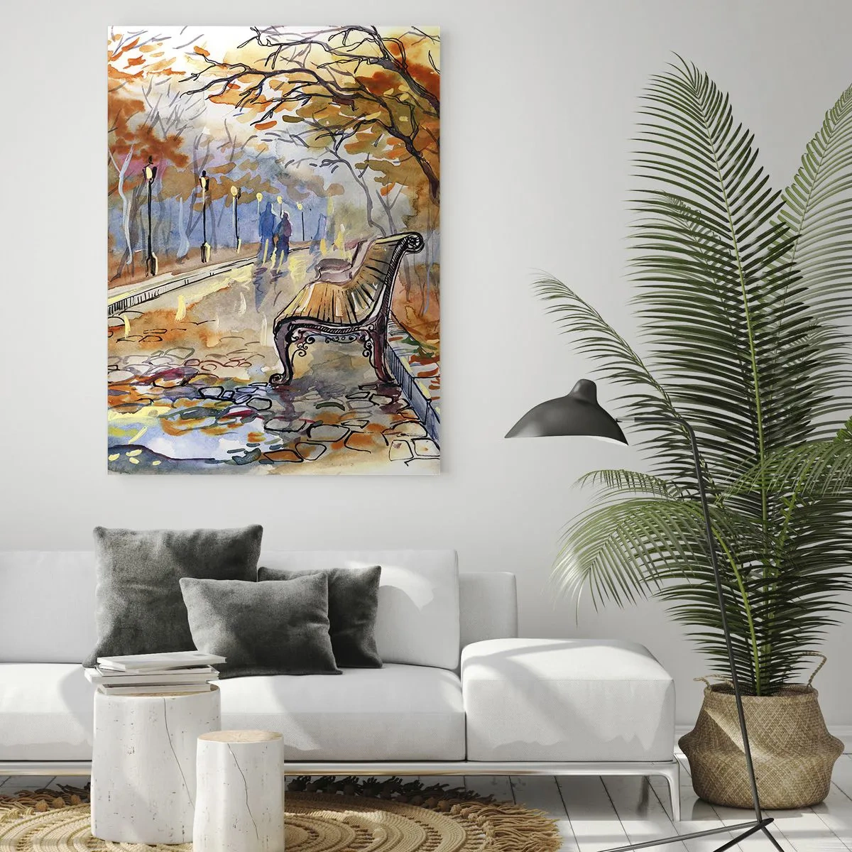 Glasbild - Bild auf glas - Ein herbstlicher Park mit einer Bank in Aquarell - 80x120cm - Gemeinsam im Herbst wandern - Moderne Wanddekoration für Wohnzimmer und Schlafzimmer ARTTOR
