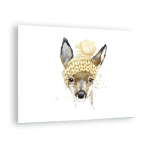 Glasbild - Bild auf glas - Ein Reh mit Wollmütze und Bommel - 70x50cm - Für den Winter im verschneiten Wald - Moderne Wanddekoration für Wohnzimmer und Schlafzimmer ARTTOR