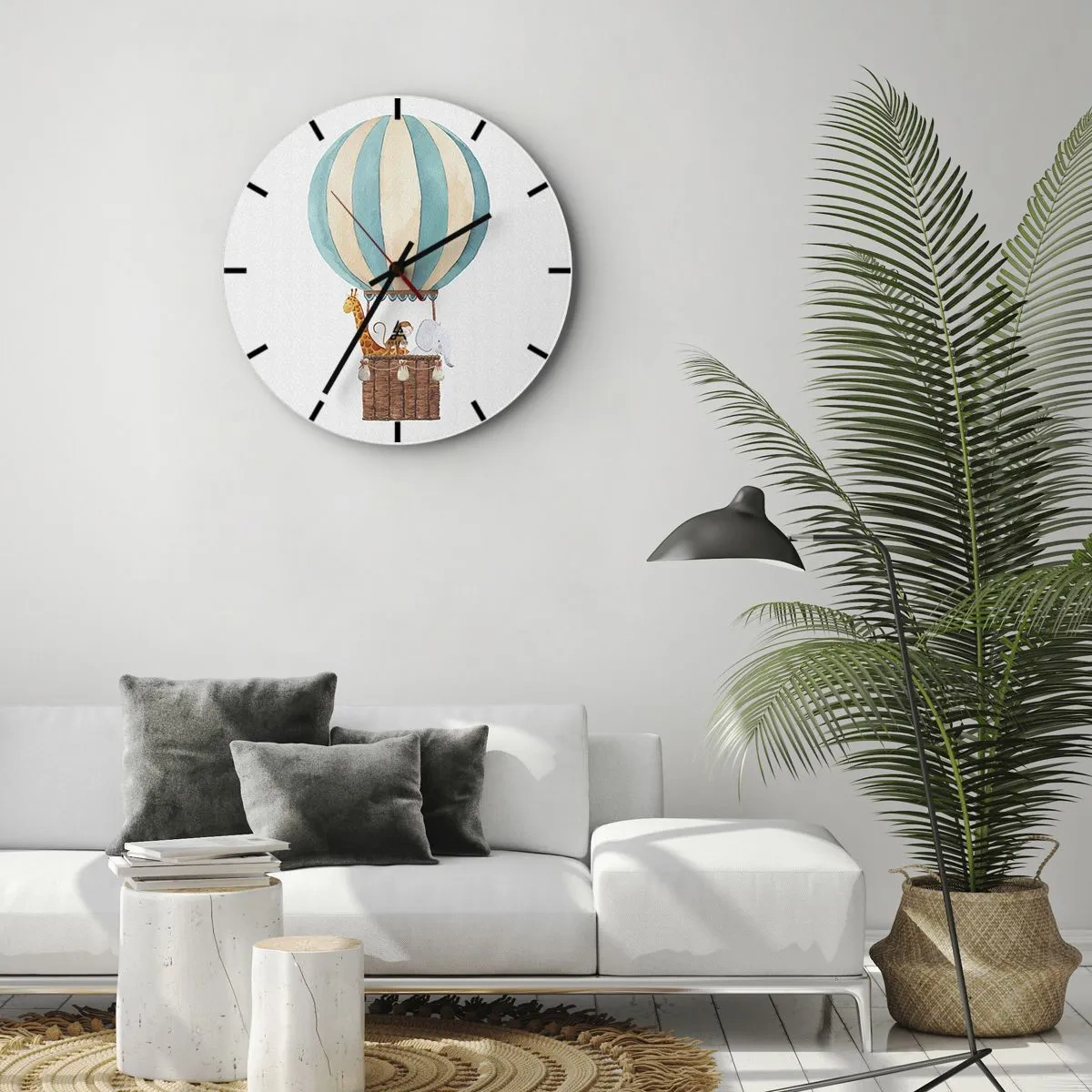 Wanduhr - Glasuhr - Ein Ballon mit einer Giraffe und einem Elefanten, der in den Wolken schwebt - 30x30cm - Fantastische Reise - Moderne Wanddekoration für Wohnzimmer, Küche und Schlafzimmer ARTTOR
