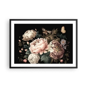 Poster in einem schwarzem Rahmen - Ein Strauß rosa Blumen und Schmetterlinge auf schwarzem Hintergrund - 70x50cm - Im Barockstil - Moderne Wanddekoration für Wohnzimmer und Schlafzimmer ARTTOR