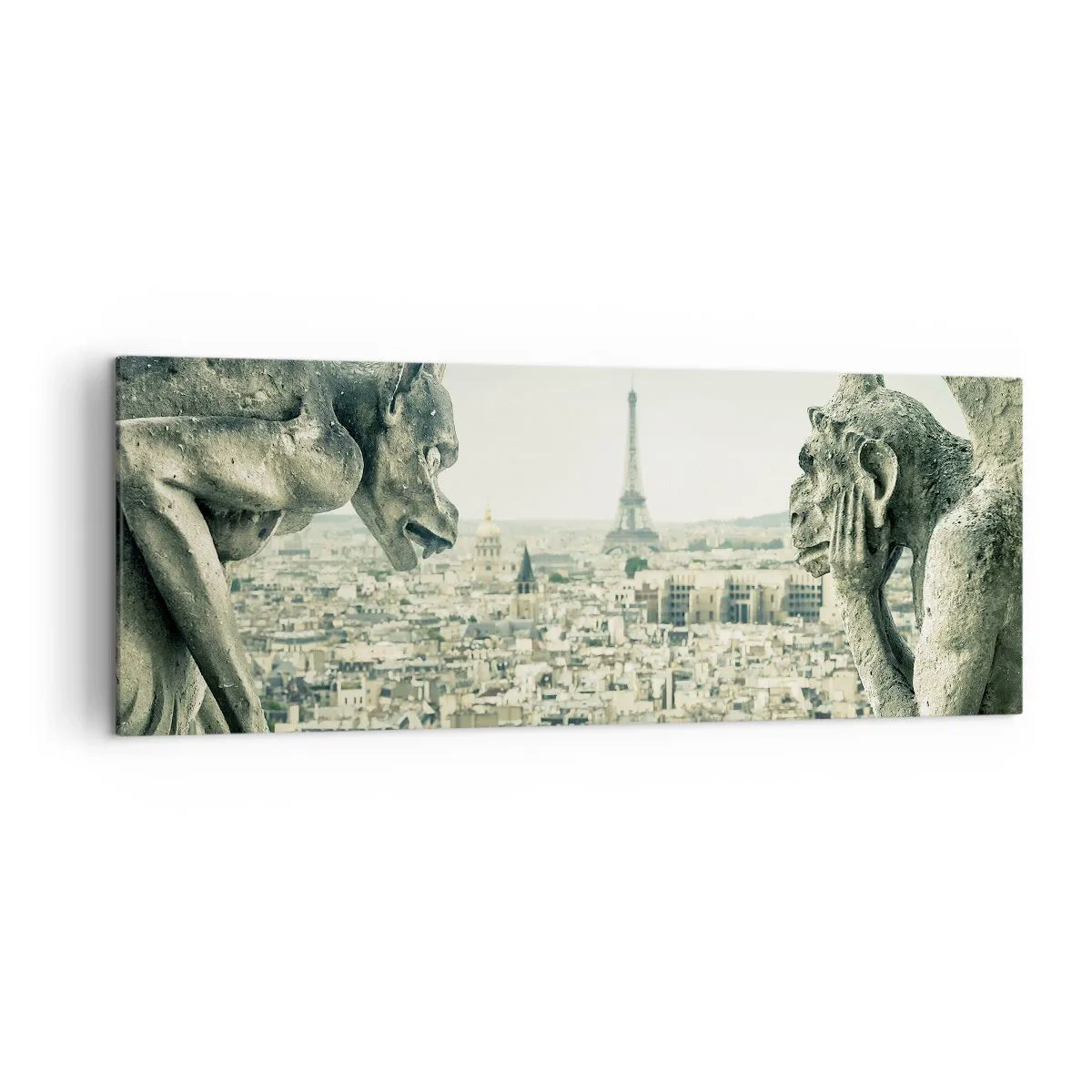 Bild auf Leinwand - Leinwandbild - Wasserspeier mit Blick auf die Skyline von Paris und den Eiffelturm - 140x50cm - Pariser Plaudern - Moderne Wanddekoration für Wohnzimmer und Schlafzimmer ARTTOR