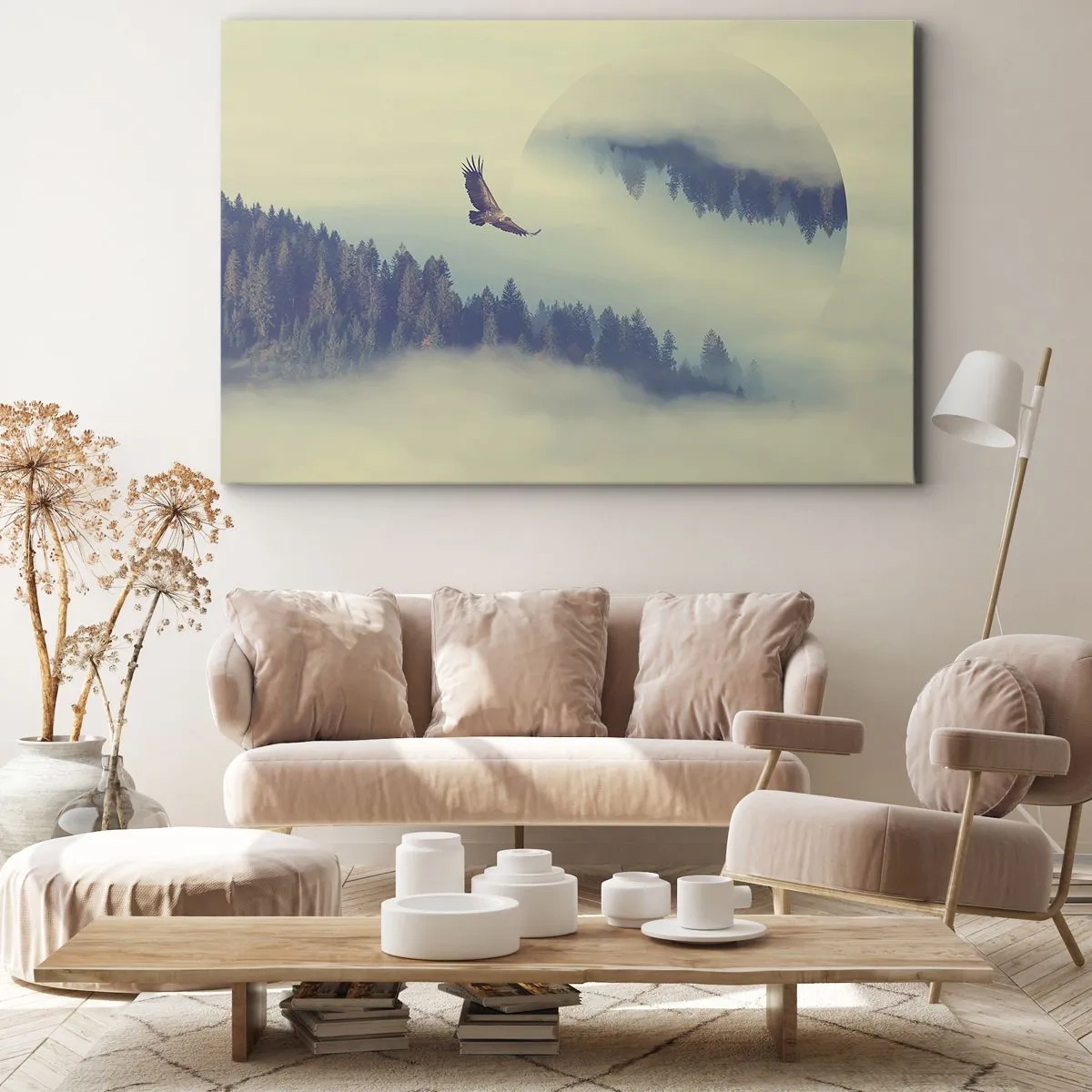 Bild auf Leinwand - Leinwandbild - Ein Adler im Flug vor der Kulisse nebliger Berge mit einem künstlerischen Kreismotiv - 70x50cm - Ich habe den Schatten eines Adlers gesehen - Moderne Wanddekoration für Wohnzimmer und Schlafzimmer ARTTOR