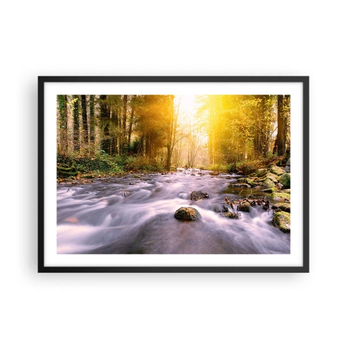 Poster in einem schwarzem Rahmen - Ein Waldbach, beleuchtet von den Sonnenstrahlen - 70x50cm - Malachit im Silber- und Goldrahmen - Moderne Wanddekoration für Wohnzimmer und Schlafzimmer ARTTOR