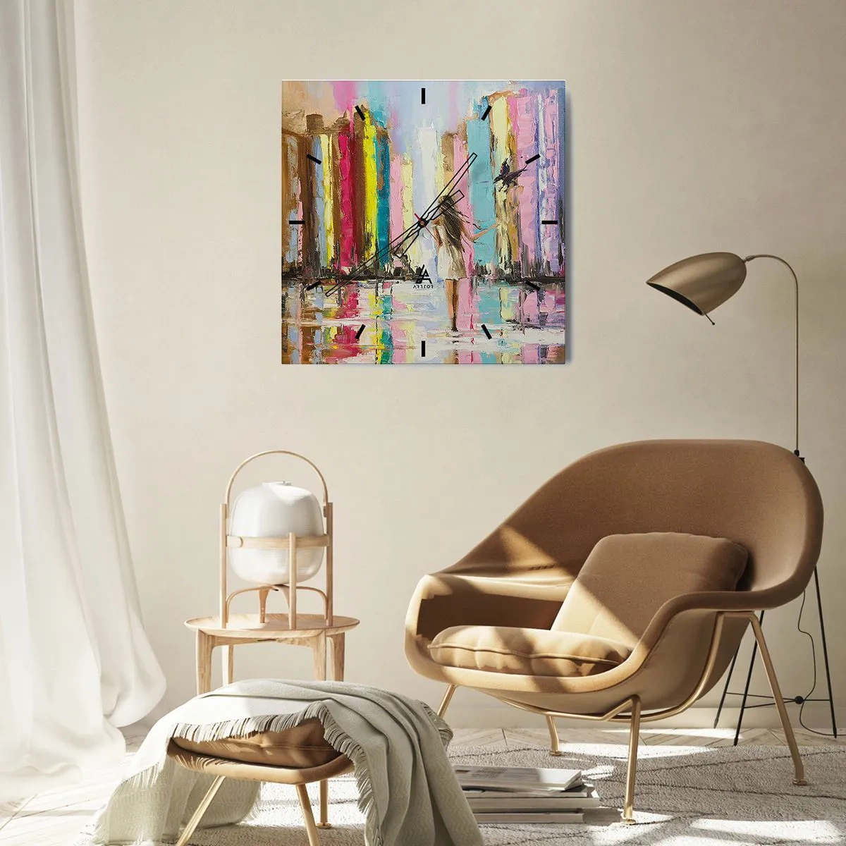 Wanduhr - Glasuhr - Eine bunte Stadt und eine Frau in einem weißen Kleid mit einem Vogel - 30x30cm - Folge mir - Moderne Wanddekoration für Wohnzimmer und Schlafzimmer ARTTOR