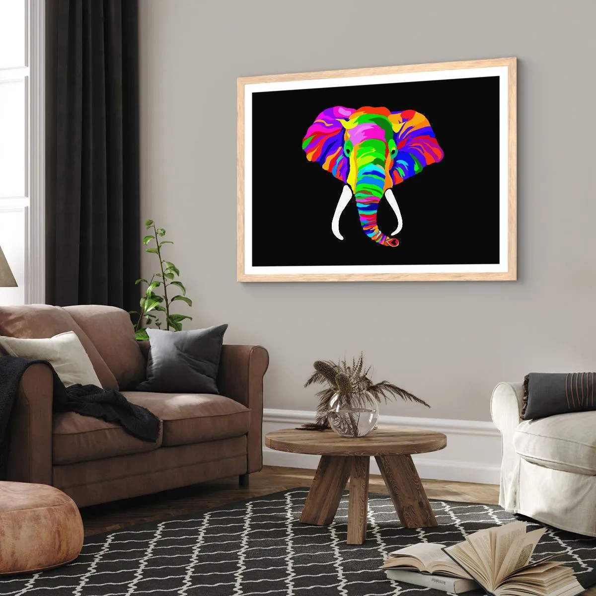 Poster in einem Rahmen aus heller Eiche - Der Elefant, der es liebte, im Regenbogen zu baden - 100x70 cm