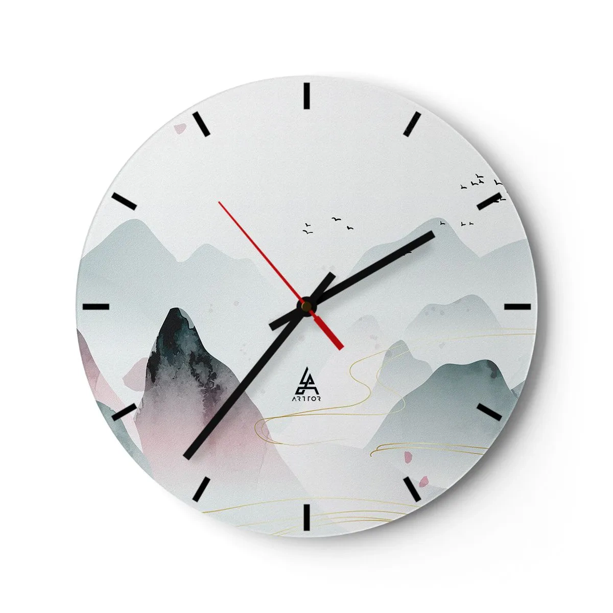 Wanduhr - Glasuhr - Eine minimalistische Berglandschaft in Pastelltönen mit fliegenden Vögeln. - 30x30cm - Über die Gipfel - Moderne Wanddekoration für Wohnzimmer, Küche und Schlafzimmer ARTTOR