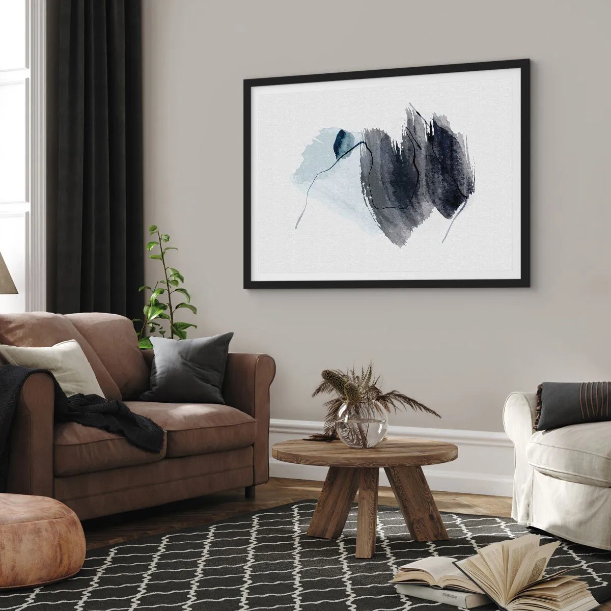 Poster in einem schwarzem Rahmen - Abstrakte Komposition in Grau- und Blautönen - 70x50cm - Intensität und Bewegung - Moderne Wanddekoration für Wohnzimmer und Schlafzimmer ARTTOR