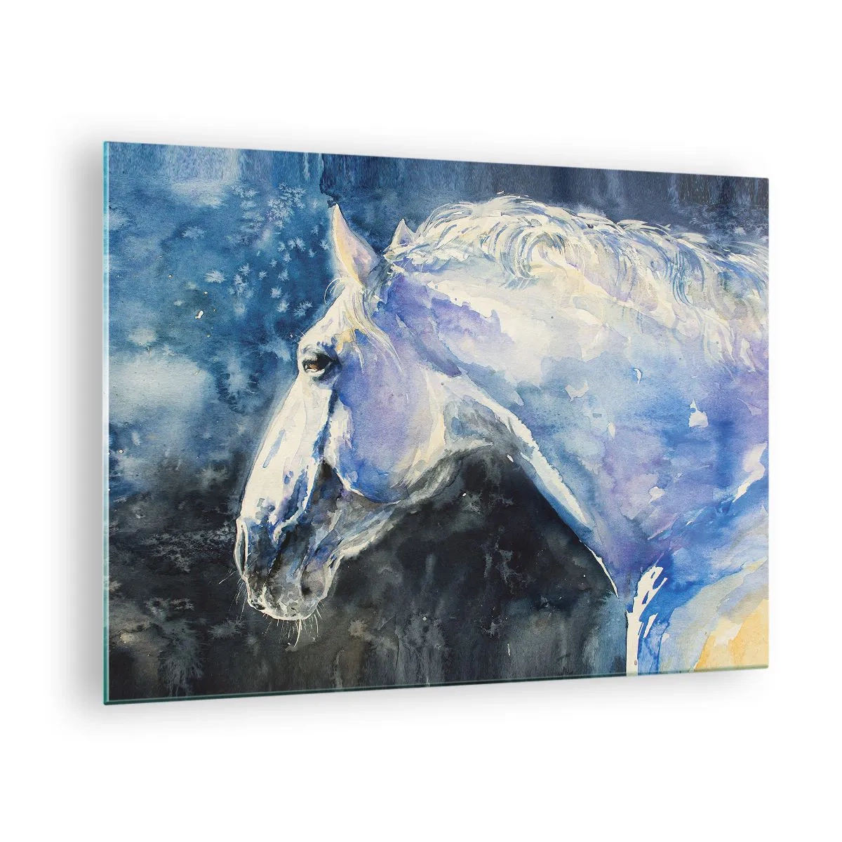 Glasbild - Bild auf glas - Aquarellporträt eines Pferdes in Blautönen - 70x50cm - Porträt in blauem Glanz - Moderne Wanddekoration für Wohnzimmer und Schlafzimmer ARTTOR