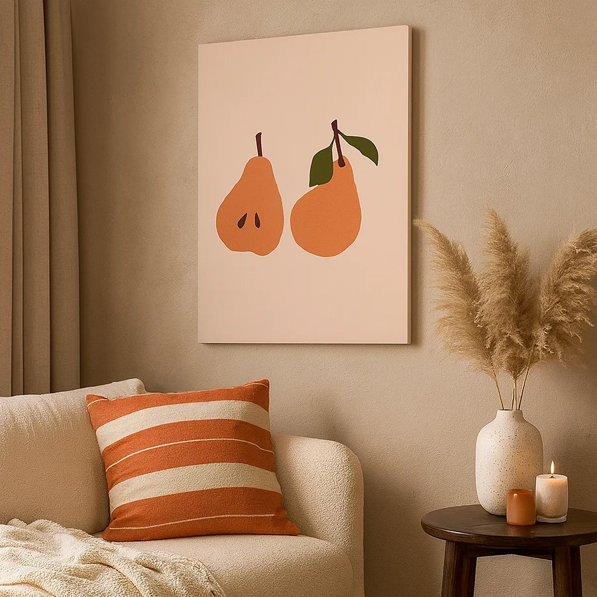 Bild auf Leinwand - Leinwandbild - Eine minimalistische Illustration von zwei Birnen auf beigem Hintergrund. - 50x70cm - Pure Süße - Moderne Wanddekoration für Wohnzimmer und Schlafzimmer ARTTOR