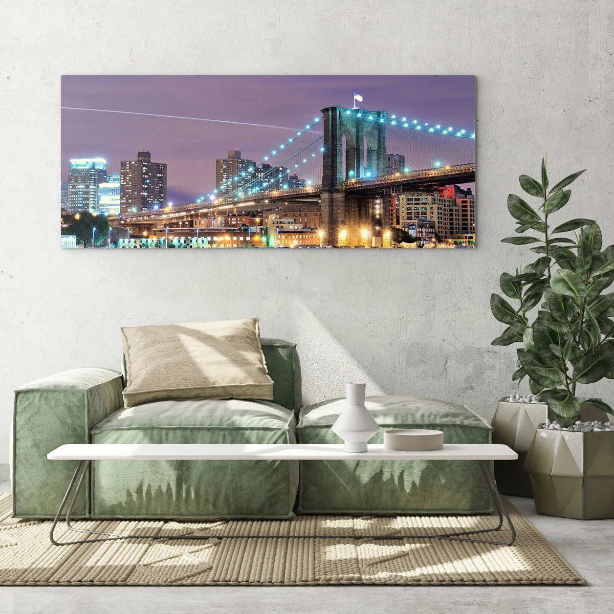 Glasbild - Bild auf glas - Brooklyn Bridge bei Nacht mit der beleuchteten Stadt im Hintergrund - 140x50cm - Seit vielen Jahren die Brooklyn Bridge - Moderne Wanddekoration für Wohnzimmer und Schlafzimmer ARTTOR