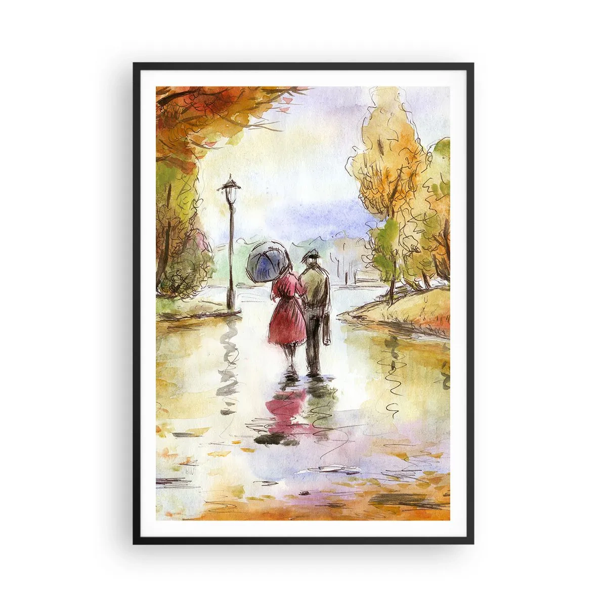 Poster in einem schwarzem Rahmen - Romantischer Herbst im Park - 70x100 cm