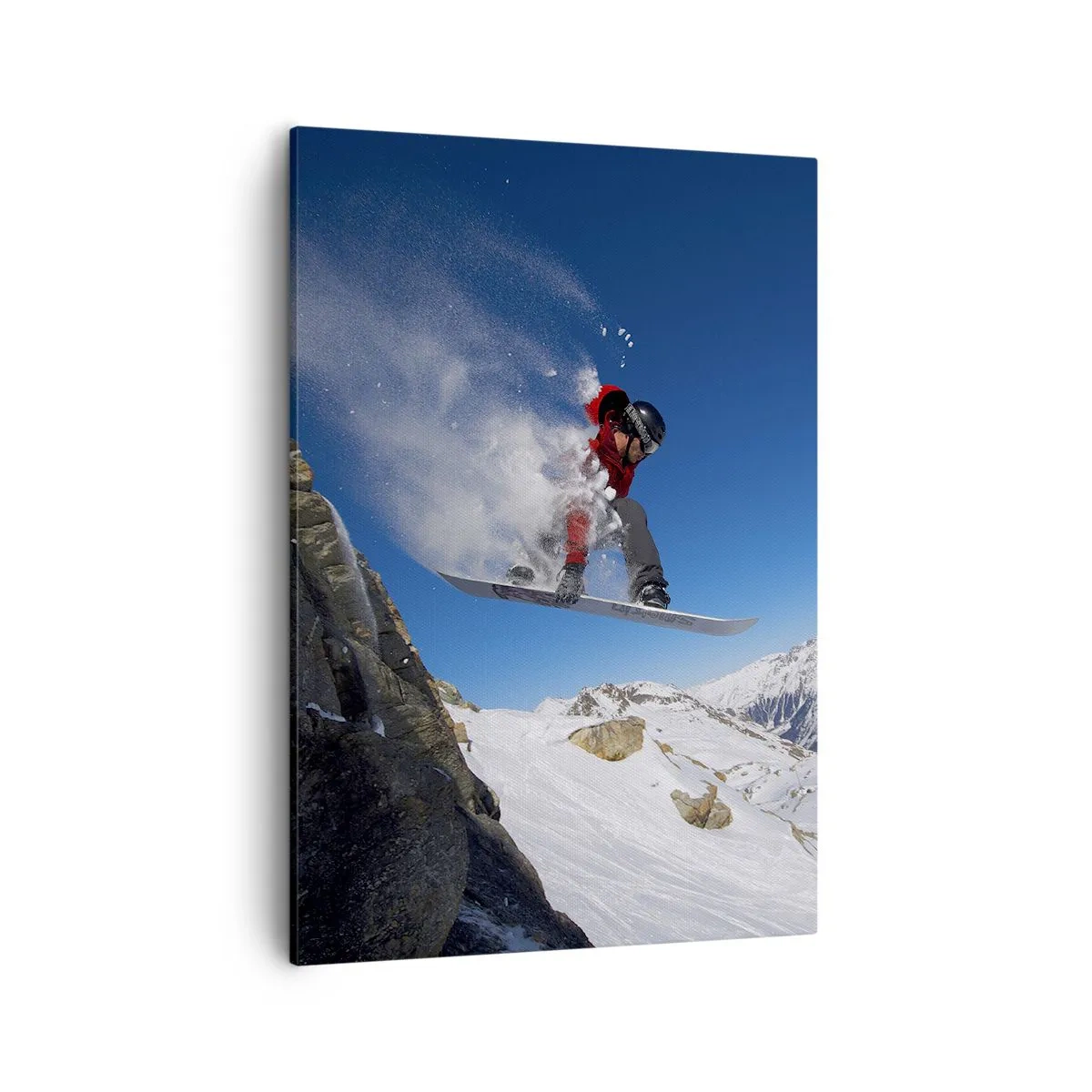Bild auf Leinwand - Leinwandbild - Ein Snowboarder springt von einem Felsen vor einer Berglandschaft - 50x70cm - Und du wurdest Teil des Raums - Moderne Wanddekoration für Wohnzimmer und Schlafzimmer ARTTOR
