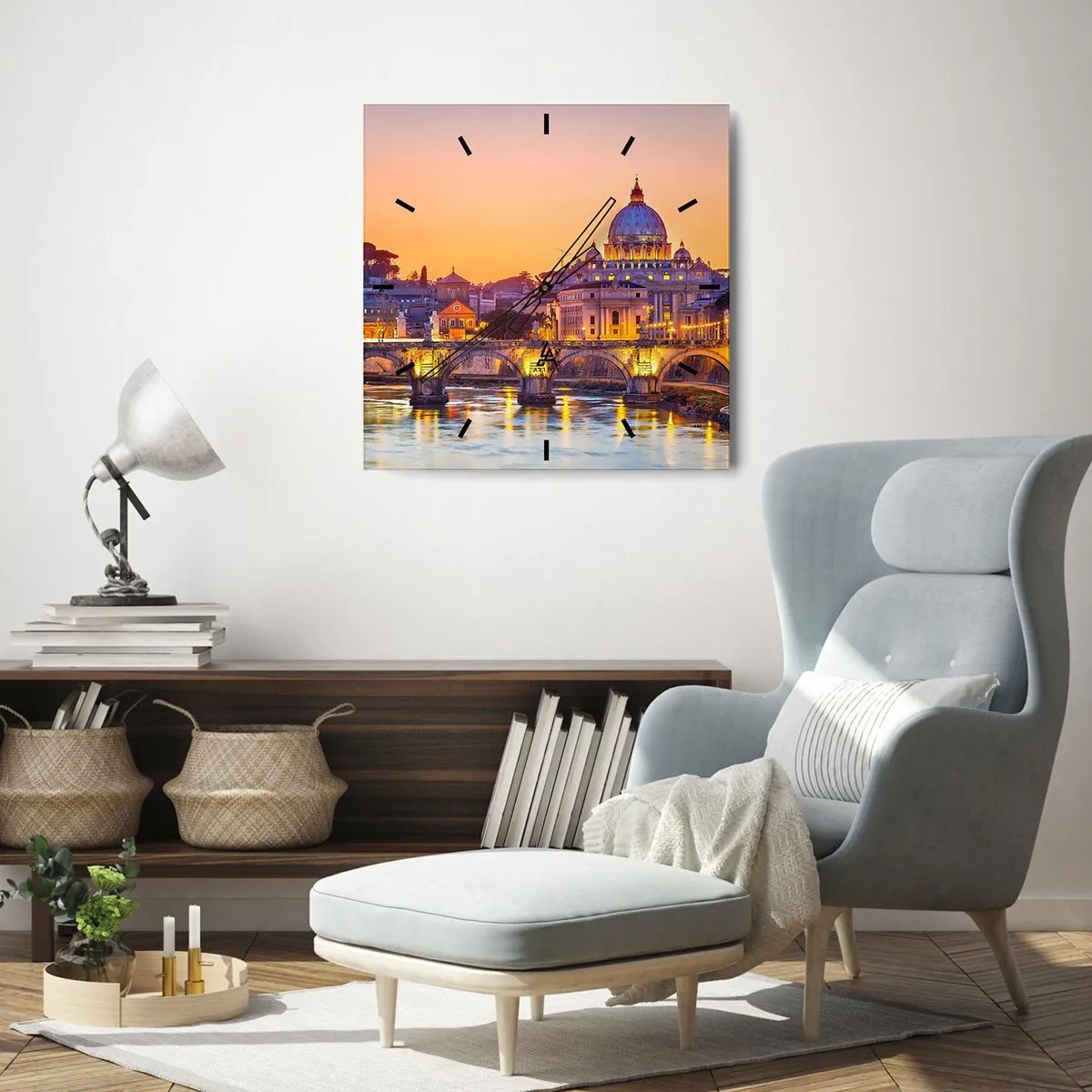 Wanduhr - Glasuhr - Panorama des Vatikans bei Sonnenuntergang mit einer Brücke über den Fluss - 30x30cm - Sonnenuntergang über der ewigen Stadt - Moderne Wanddekoration für Wohnzimmer und Schlafzimmer ARTTOR