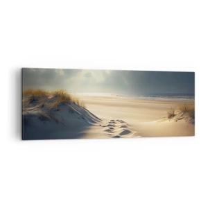 Bild auf Leinwand - Leinwandbild - Goldene Dünen am Strand bei Sonnenuntergang mit Blick auf das Meer - 140x50cm - Beruhigende Landschaft - Moderne Wanddekoration für Wohnzimmer und Schlafzimmer ARTTOR