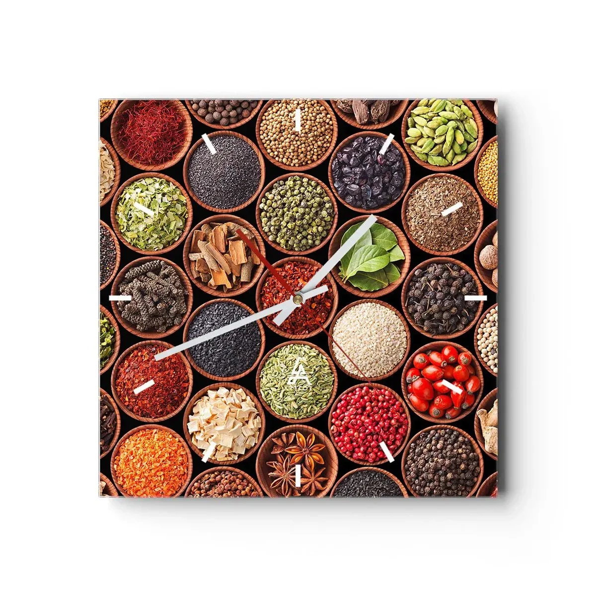 Wanduhr - Glasuhr - Bunte Gewürze in runden Behältern - 30x30cm - Alle Aromen der Welt - Moderne Wanddekoration für Wohnzimmer und Schlafzimmer ARTTOR