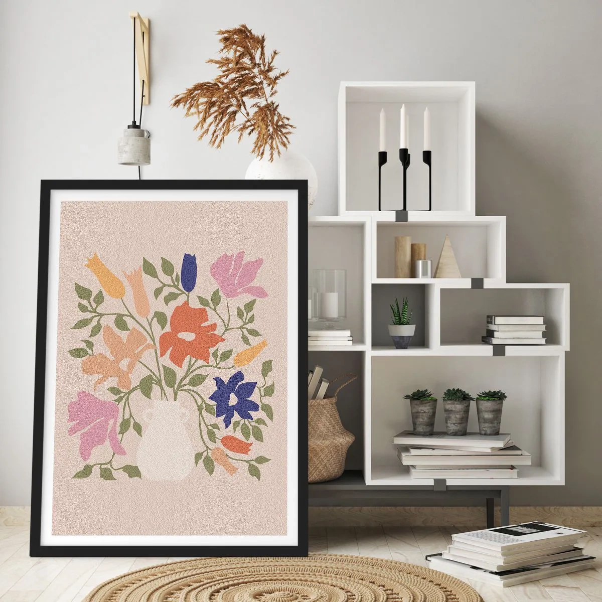 Poster in einem schwarzem Rahmen - Ein bunter Blumenstrauß in einer hellen Vase auf beigem Hintergrund - 50x70cm - Zartes Bouquet - Moderne Wanddekoration für Wohnzimmer und Schlafzimmer ARTTOR