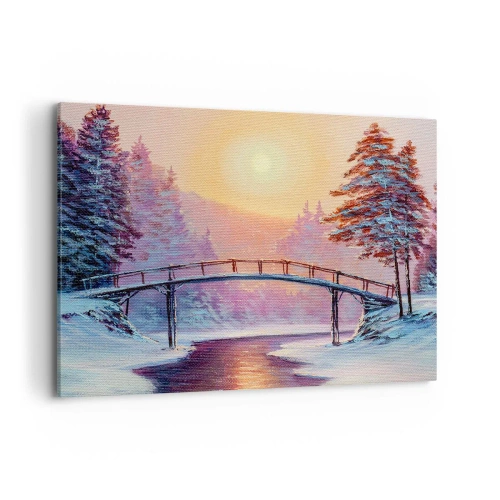 Bild auf Leinwand - Leinwandbild - Winterlandschaft mit einer vom Sonnenuntergang beleuchteten Brücke - 100x70cm - Vier Jahreszeiten - Winter - Moderne Wanddekoration für Wohnzimmer und Schlafzimmer ARTTOR
