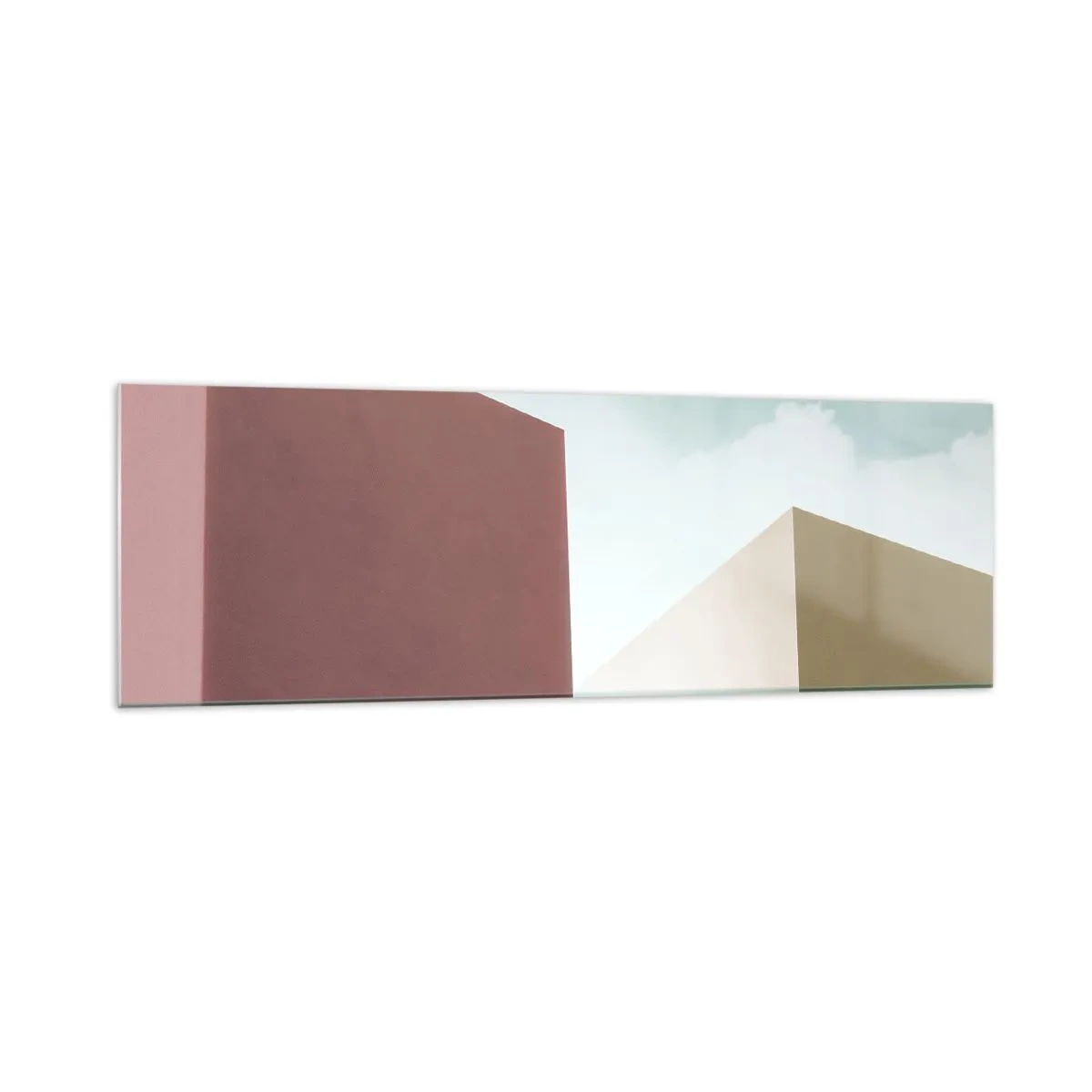 Glasbild - Bild auf glas - Minimalistische Architektur mit pastellfarbenen Blöcken und Himmel - 160x50cm - Geometrie des sonnigen Sommers - Moderne Wanddekoration für Wohnzimmer und Schlafzimmer ARTTOR