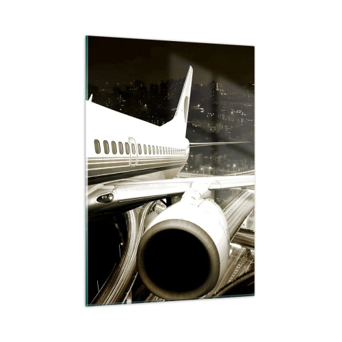Glasbild - Bild auf glas - Ein Flugzeug über der Stadt bei Nacht mit Industrieatmosphäre - 50x70cm - In die Nacht fliegen - Moderne Wanddekoration für Wohnzimmer und Schlafzimmer ARTTOR