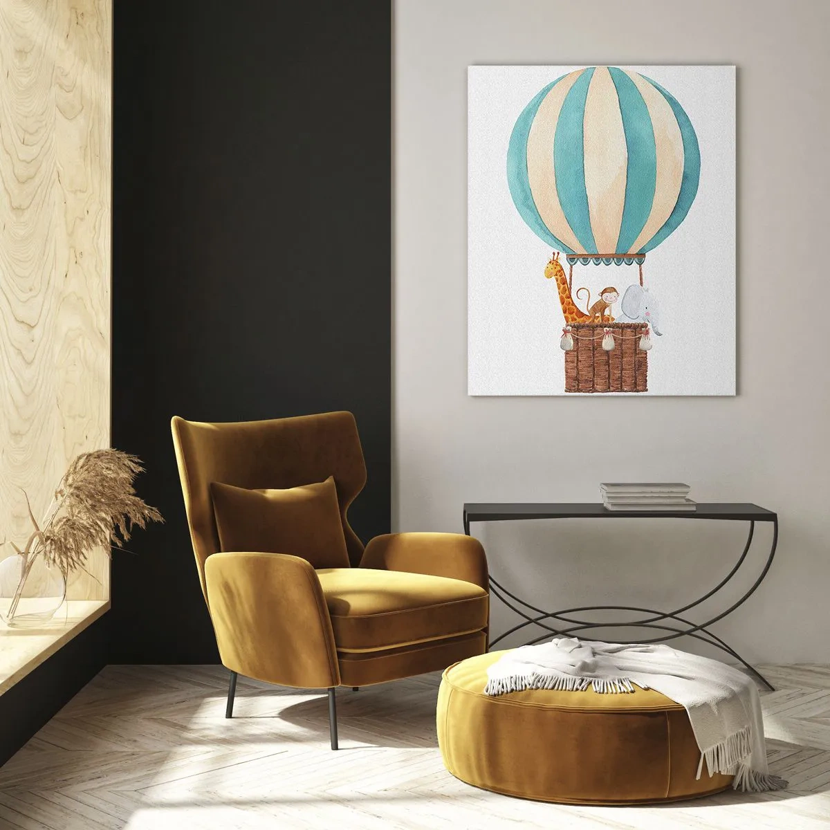 Glasbild - Bild auf glas - Ein Ballon mit einer Giraffe, einem Affen und einem Elefanten auf weißem Hintergrund - 50x70cm - Fantastische Reise - Moderne Wanddekoration für Wohnzimmer und Schlafzimmer ARTTOR