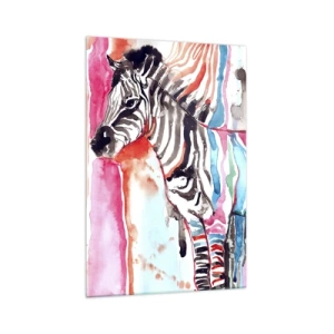 Glasbild - Bild auf glas - Ein buntes Zebra vor einem Hintergrund aus abstrakten Aquarellmustern - 70x100cm - Unbeschwerter Witz der Natur - Moderne Wanddekoration für Wohnzimmer und Schlafzimmer ARTTOR