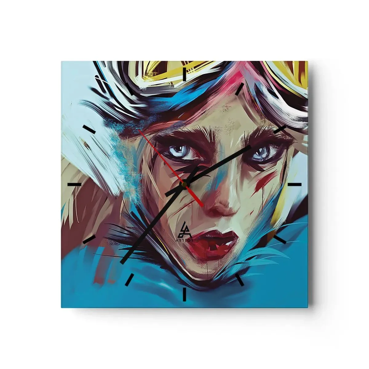 Wanduhr - Glasuhr - Porträt einer Frau in dynamischen Farben und einem abstrakten Stil - 30x30cm - Strassenkämpferin - Moderne Wanddekoration für Wohnzimmer und Schlafzimmer ARTTOR