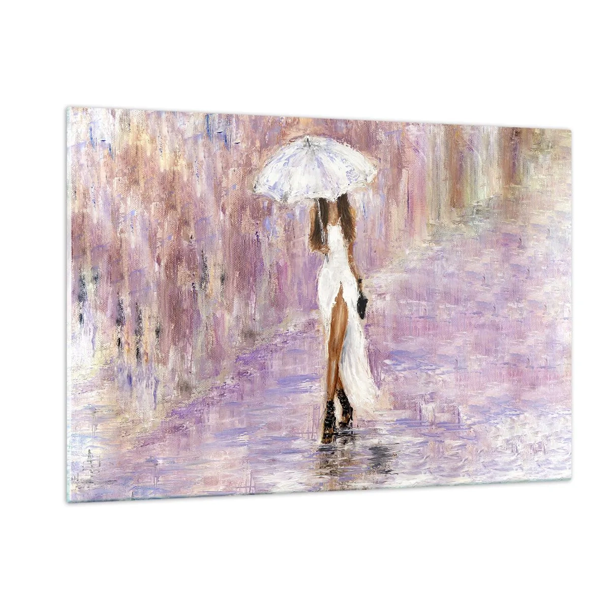 Glasbild - Bild auf glas - Figur einer Frau mit Regenschirm in einer lila Regenszene - 120x80cm - Im lila Regen - Moderne Wanddekoration für Wohnzimmer und Schlafzimmer ARTTOR