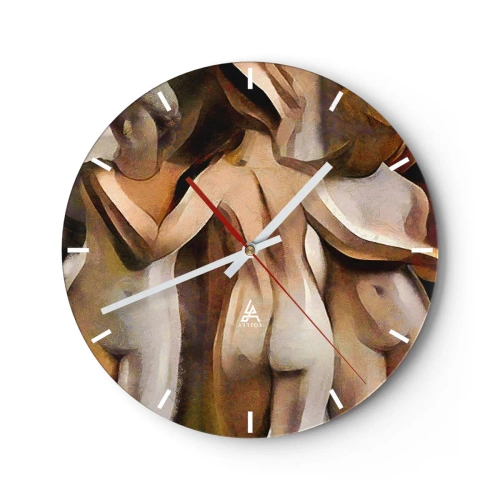 Wanduhr - Glasuhr - Eine abstrakte Interpretation dreier Figuren in warmen Farben. - 30x30cm - Drei Grazien 2.0 - Moderne Wanddekoration für Wohnzimmer, Küche und Schlafzimmer ARTTOR