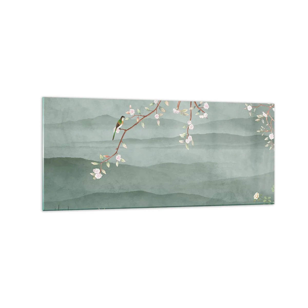 Glasbild - Bild auf glas - Ein malerisches Bild eines blühenden Baumzweigs mit Vögeln vor dem Hintergrund grüner Hügel. - 120x50cm - Frühling, oh, du bist es - Moderne Wanddekoration für Wohnzimmer und Schlafzimmer ARTTOR