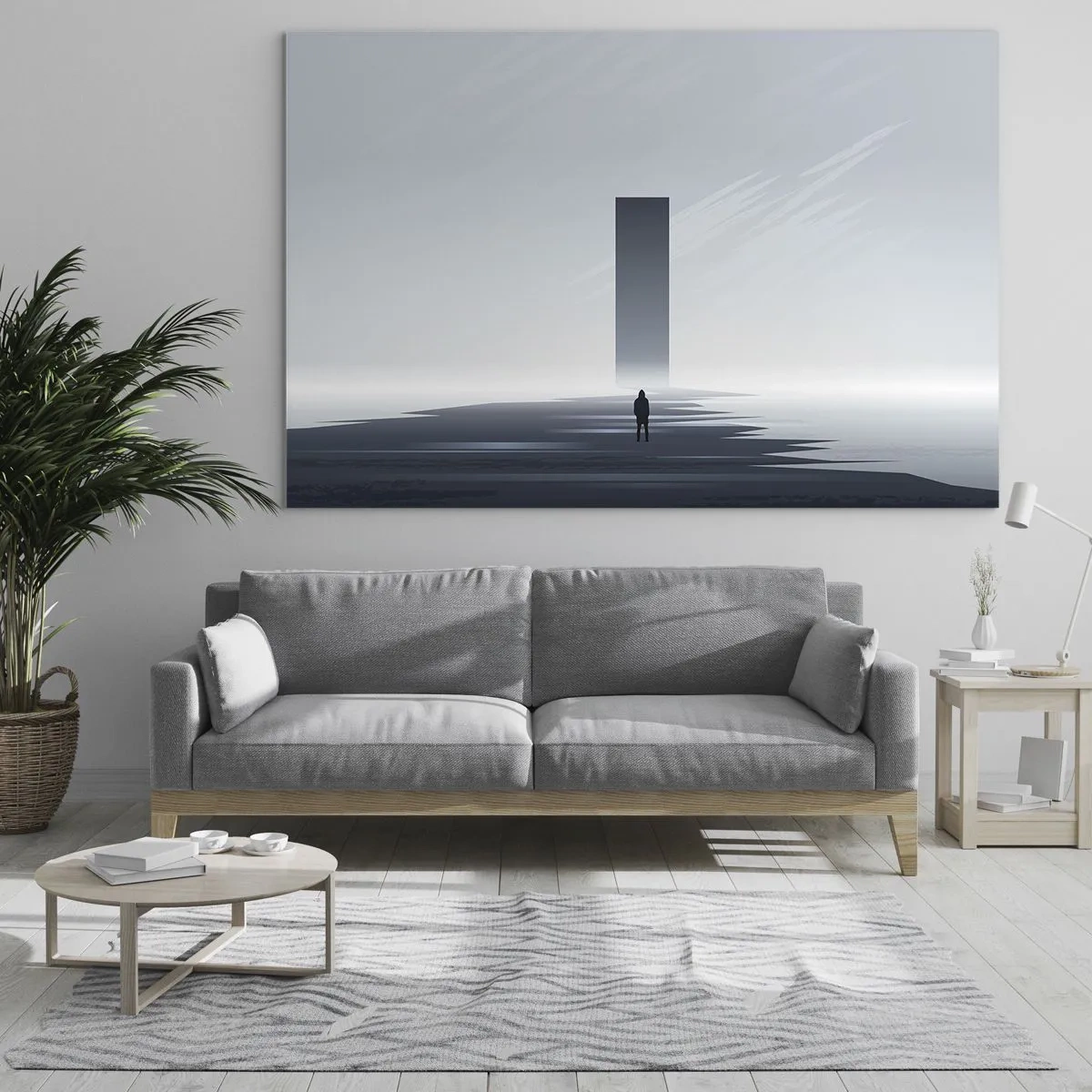 Glasbild - Bild auf glas - Eine minimalistische Landschaft mit einer Figur und einem Monolithen in der Ferne. - 70x50cm - Chance oder Bedrohung? - Moderne Wanddekoration für Wohnzimmer und Schlafzimmer ARTTOR