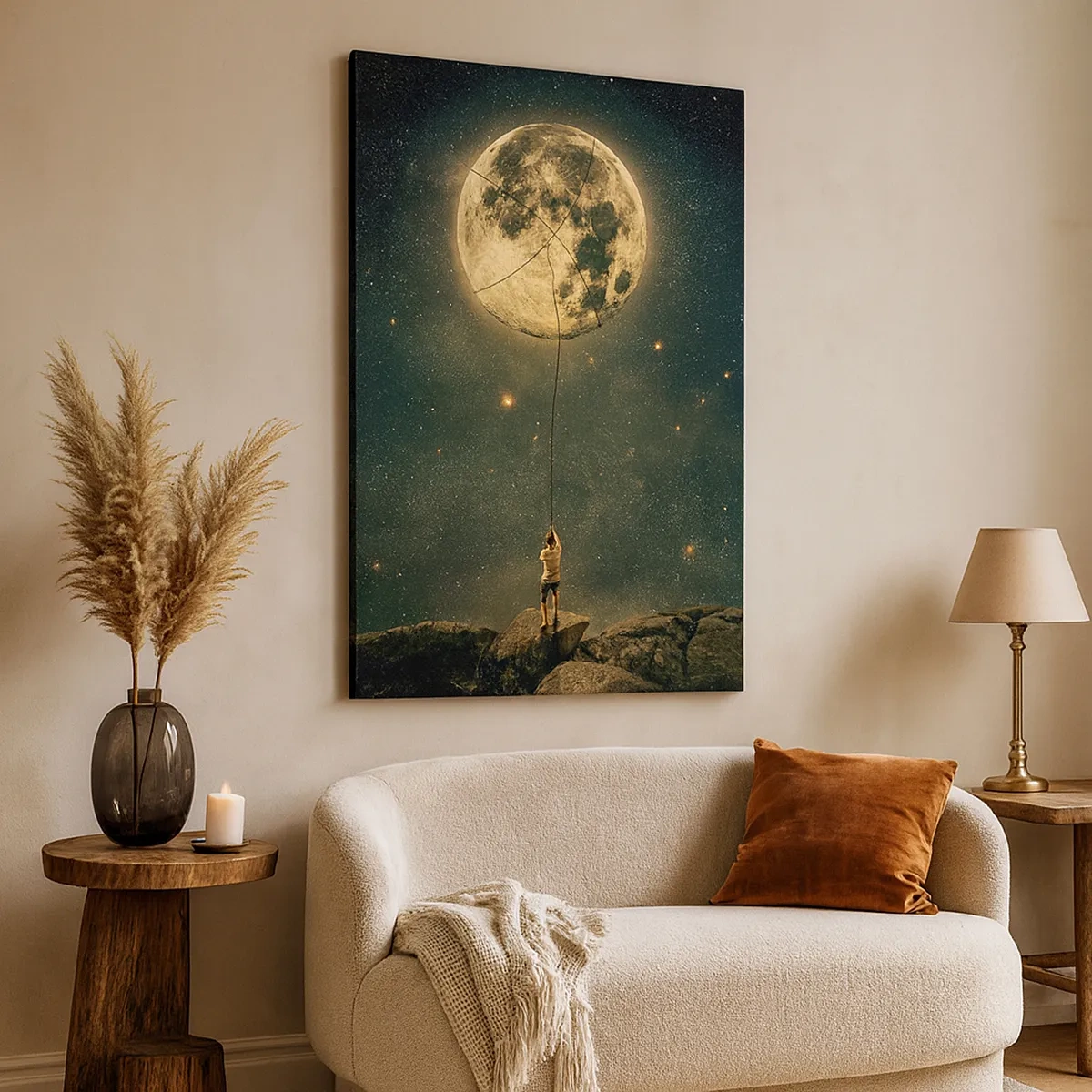 Bild auf Leinwand - Leinwandbild - Mann mit dem Mond vor dem Sternenhimmel - 50x70cm - Der Mann, der den Mond gestohlen hat - Moderne Wanddekoration für Wohnzimmer und Schlafzimmer ARTTOR