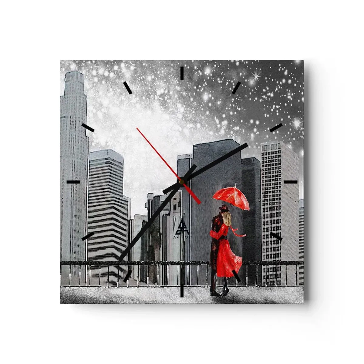 Wanduhr - Glasuhr - Ein Paar in Rot mit einem Regenschirm vor dem Hintergrund einer Stadtlandschaft - 30x30cm - Der Mensch ist kein Stein - Moderne Wanddekoration für Wohnzimmer und Schlafzimmer ARTTOR