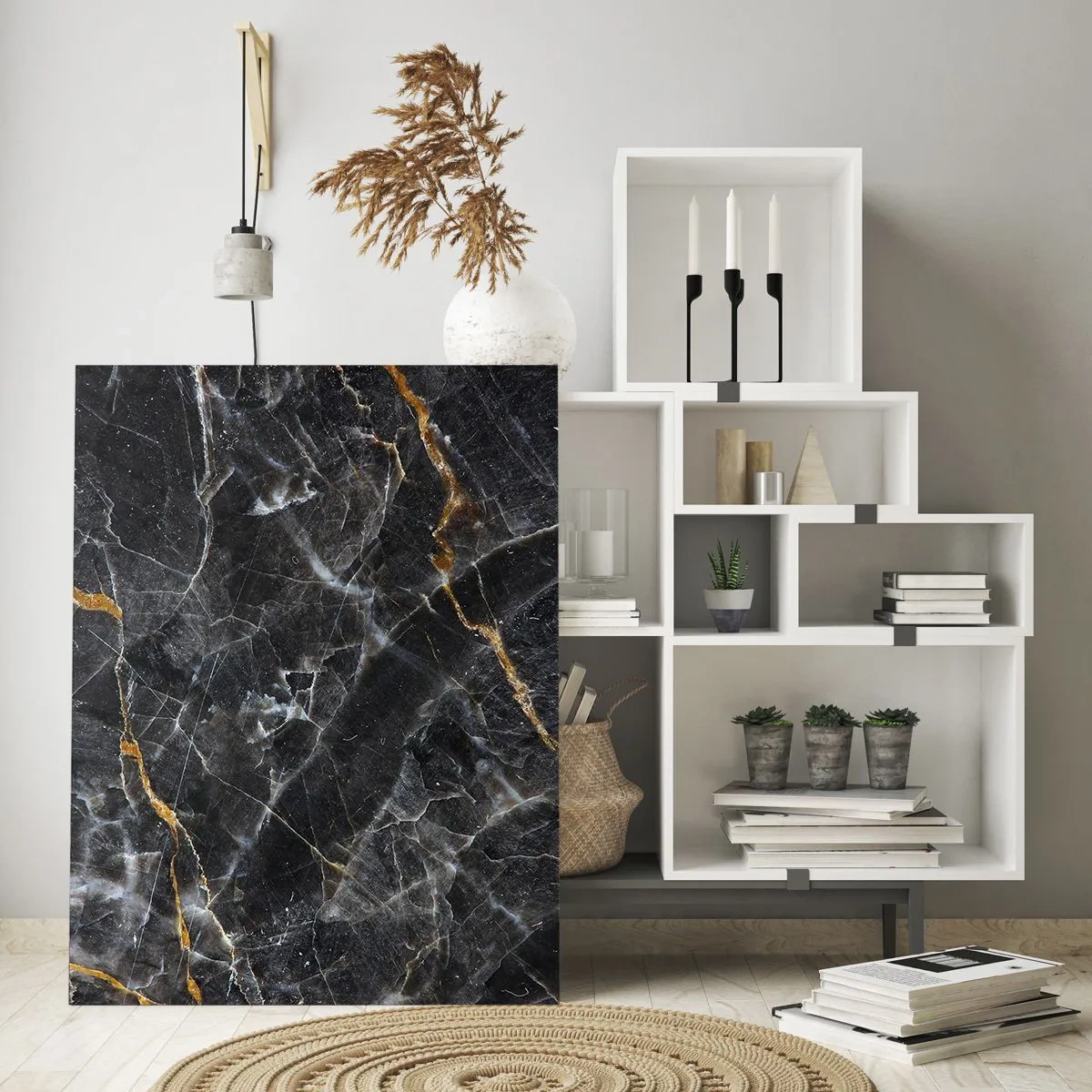 Glasbild - Bild auf glas - Schwarz-goldenes Marmormuster mit weißen Adern - 50x70cm - Das Innenleben des Steins - Moderne Wanddekoration für Wohnzimmer und Schlafzimmer ARTTOR
