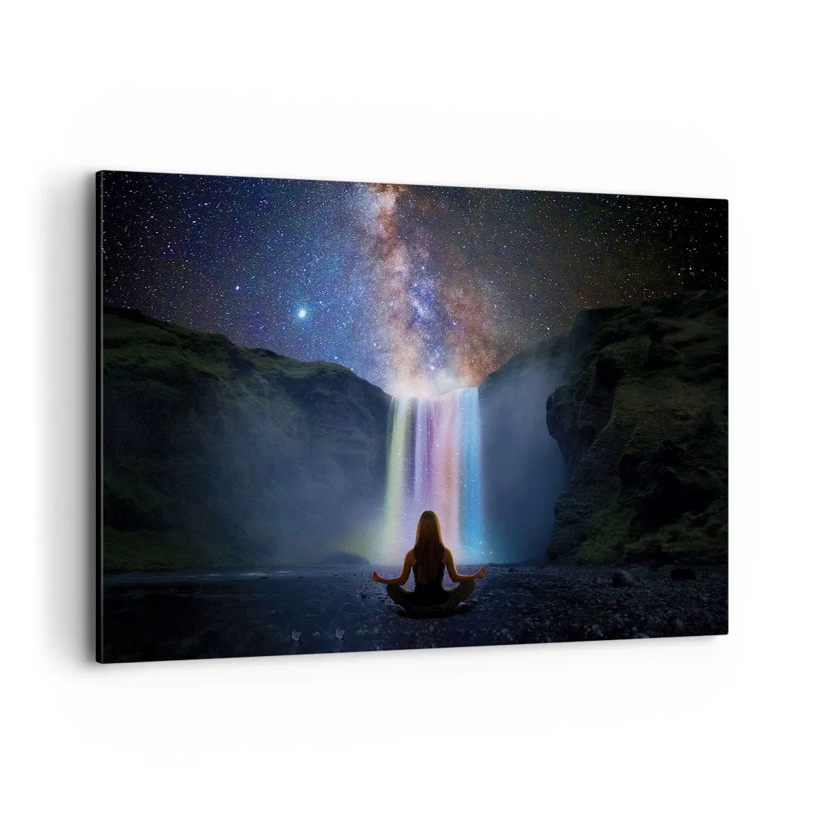 Bild auf Leinwand - Leinwandbild - Meditation vor einem Wasserfall inmitten der Sterne - 100x70cm - Absolute Harmonie - Moderne Wanddekoration für Wohnzimmer und Schlafzimmer ARTTOR