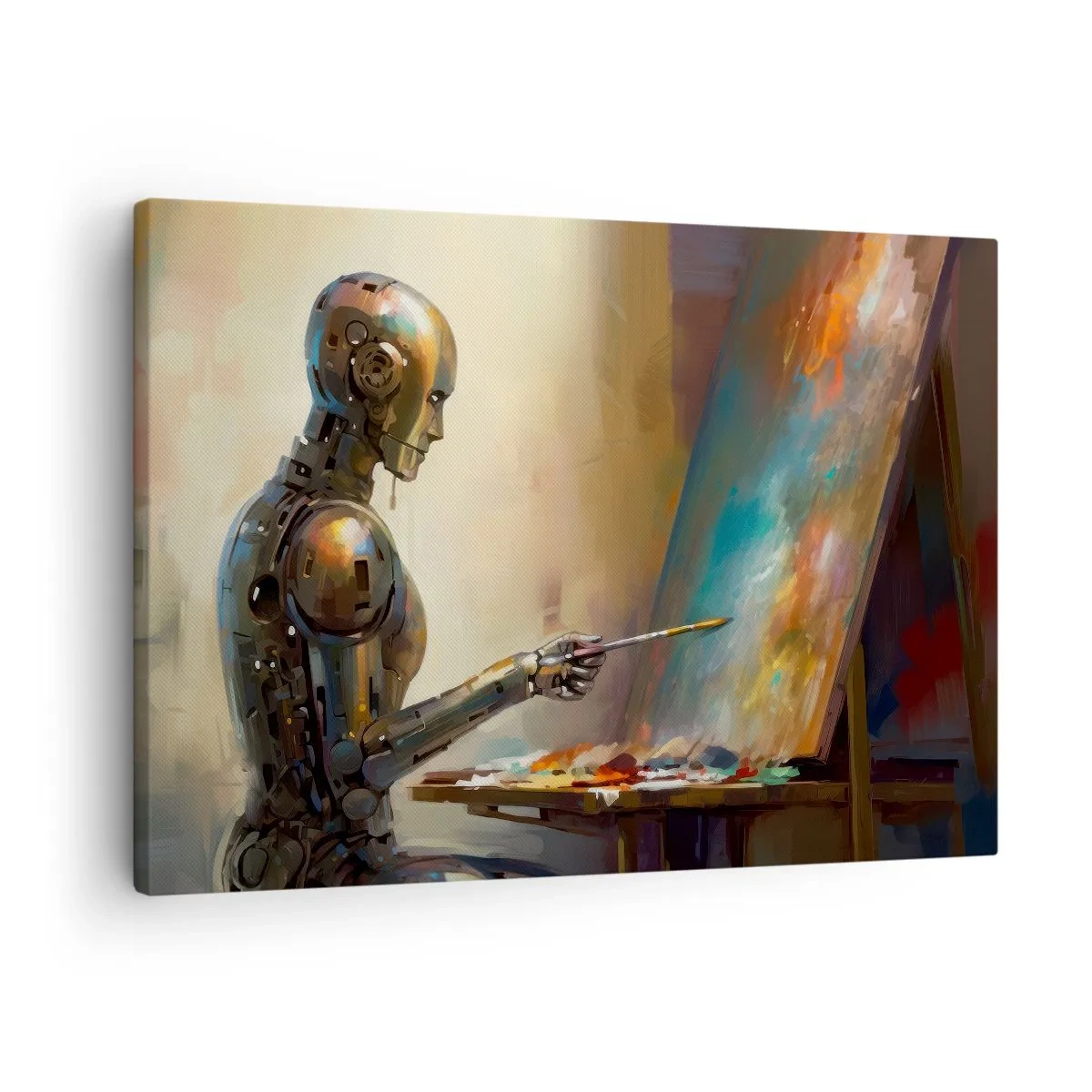 Bild auf Leinwand - Leinwandbild - Ein Roboter, der im künstlerischen Stil auf einer Leinwand malt - 70x50cm - Die Kunst der Zukunft - Moderne Wanddekoration für Wohnzimmer und Schlafzimmer ARTTOR