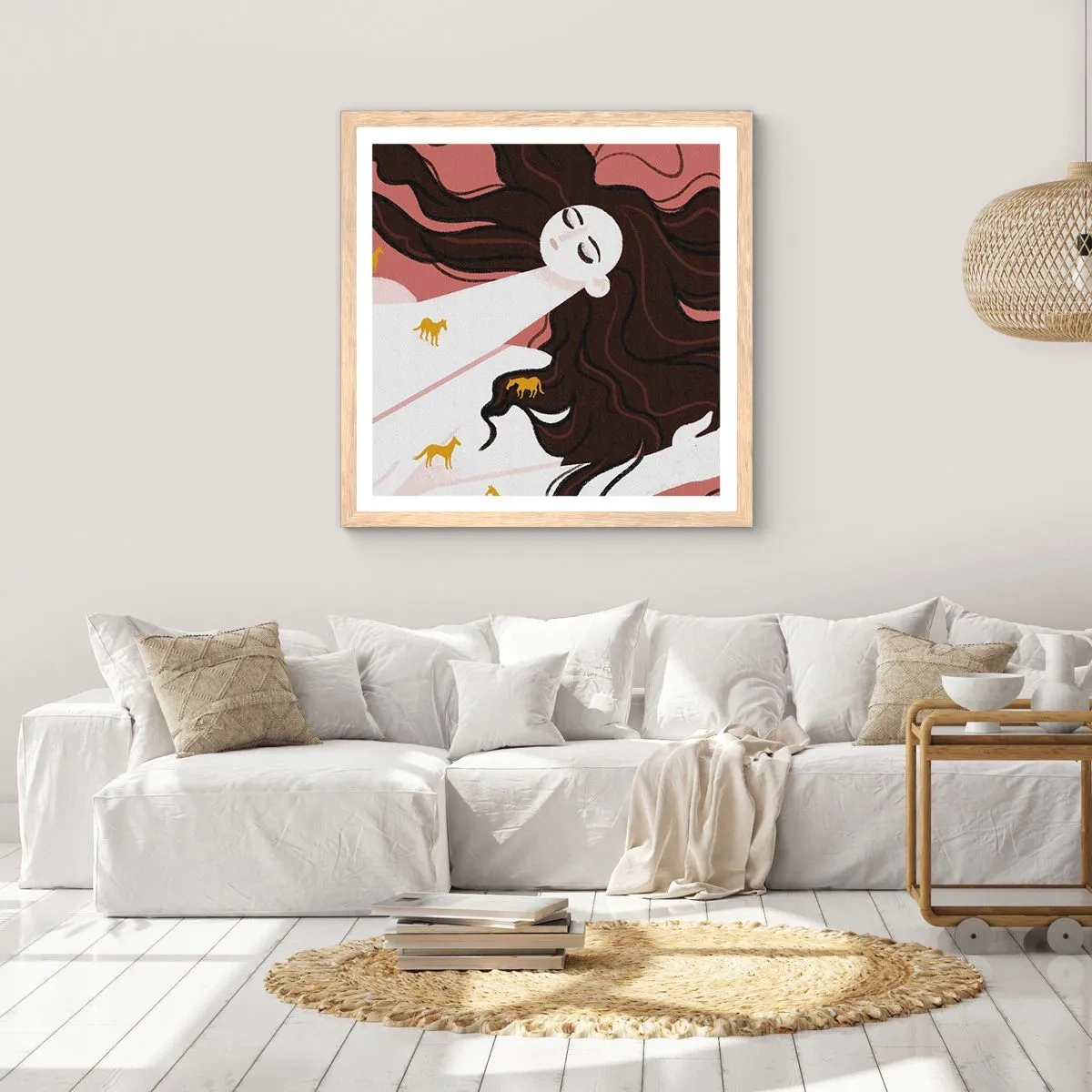 Poster in einem Rahmen aus heller Eiche - Traum von einem goldenen Pferd - 40x40 cm