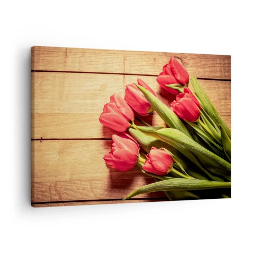 Bild auf Leinwand - Leinwandbild - Ein Strauß rosa Tulpen auf einem hölzernen Hintergrund - 70x50cm - Frühlingsgeständnis - Moderne Wanddekoration für Wohnzimmer und Schlafzimmer ARTTOR