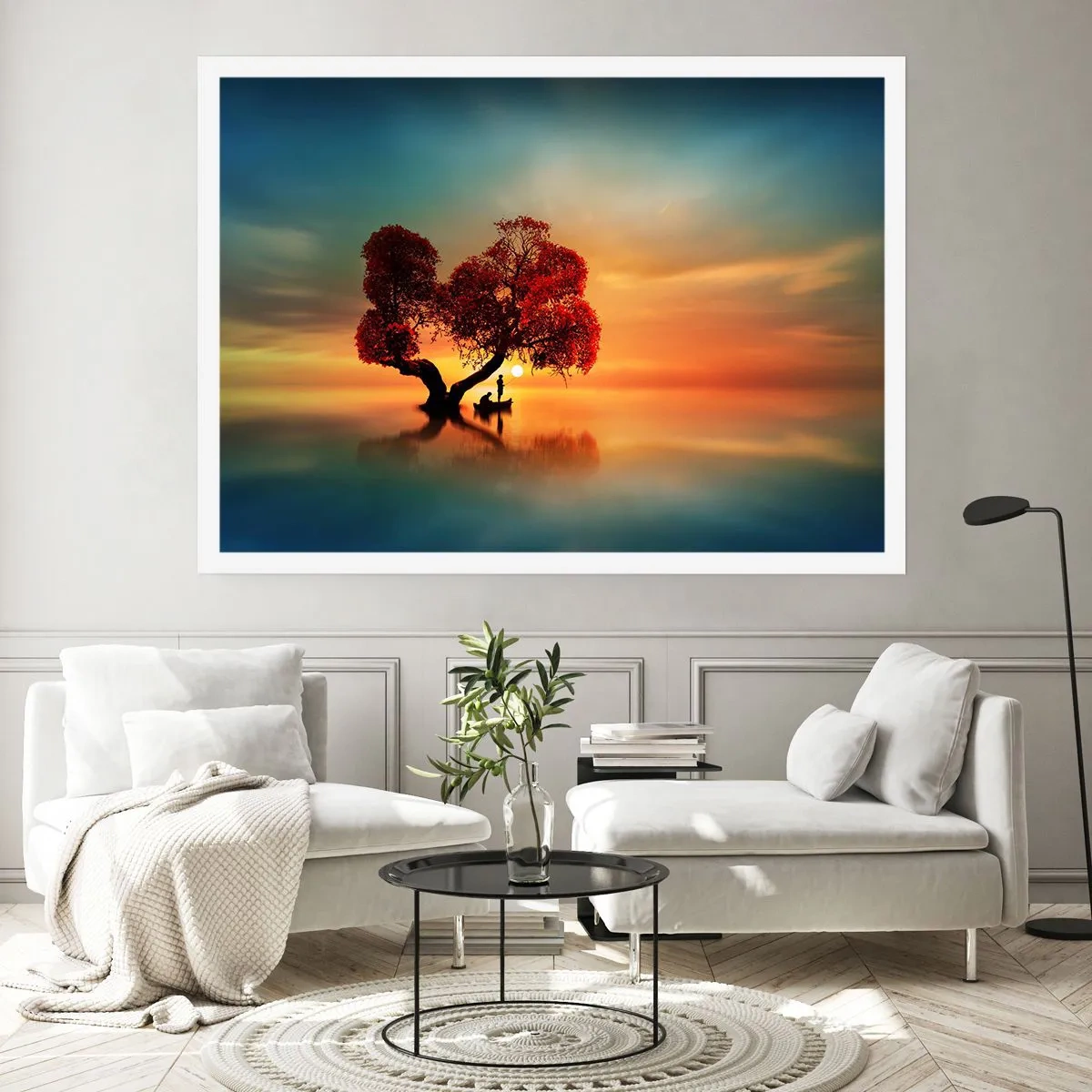 Poster - Ein rotblättriger Baum und ein Boot auf dem Wasser bei Sonnenuntergang - 100x70cm - Oddaysons und die Stille der Weltlosen - Moderne Wanddekoration für Wohnzimmer und Schlafzimmer ARTTOR
