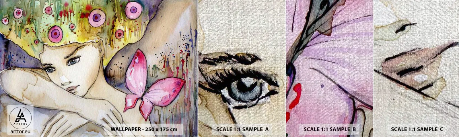 Fototapeten Muster Premium Canvas - Schmetterlingsprinzessin - Abstraktion, Frau, Aquarelle - 100x30 cm