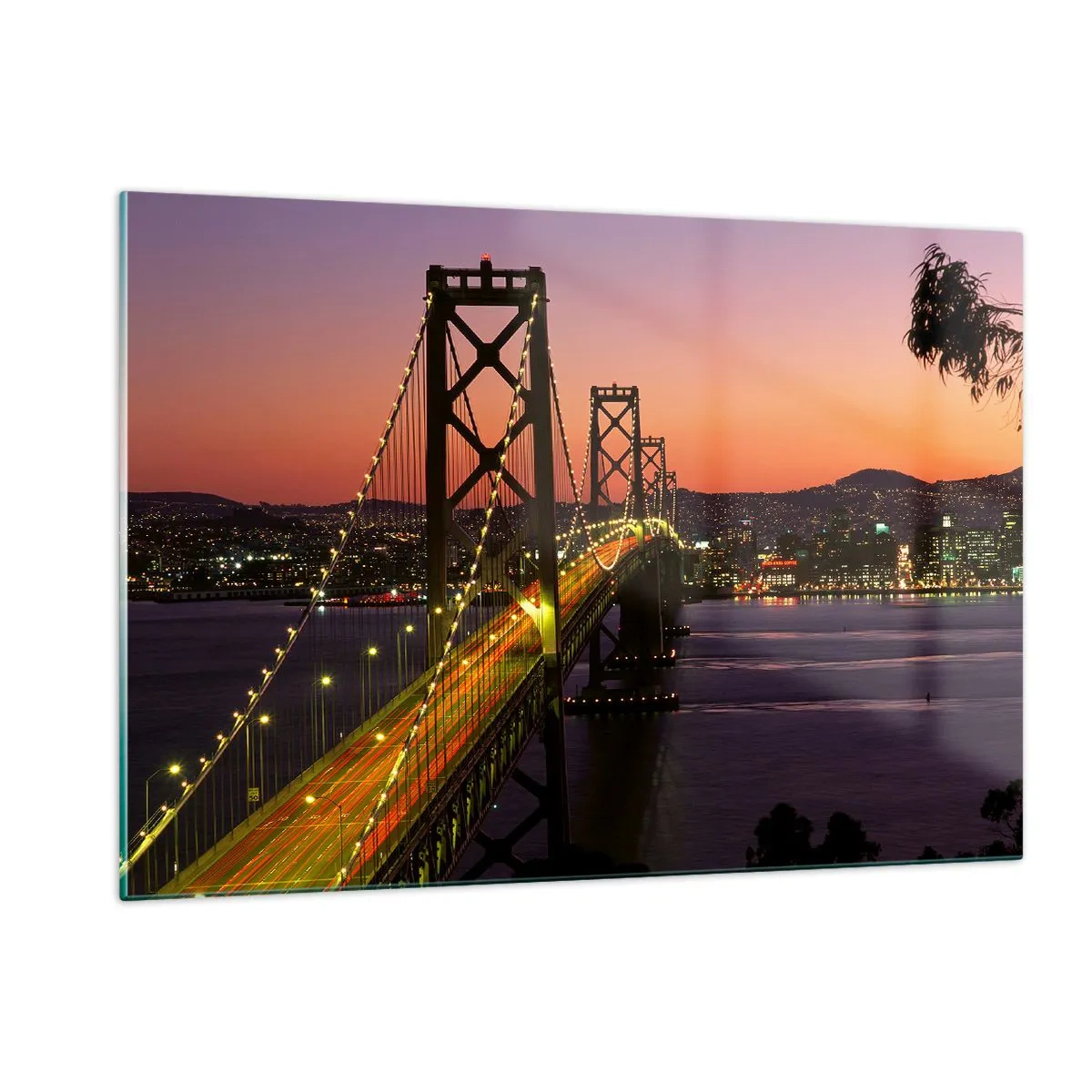 Glasbild - Bild auf glas - Die Brücke bei Nacht in der Stadt und Sonnenuntergangslicht - 120x80cm - Violetter Abend - Moderne Wanddekoration für Wohnzimmer und Schlafzimmer ARTTOR