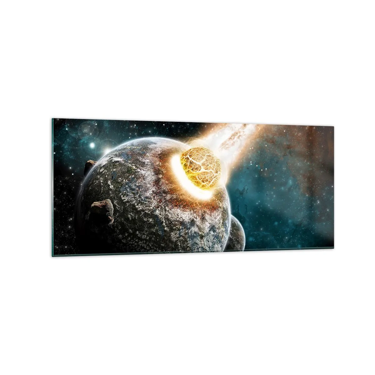 Glasbild - Bild auf glas - Kosmische Kollision eines Planeten mit einem Asteroiden in der Nähe der Galaxie. - 120x50cm - Holocaust oder Geburt? - Moderne Wanddekoration für Wohnzimmer und Schlafzimmer ARTTOR