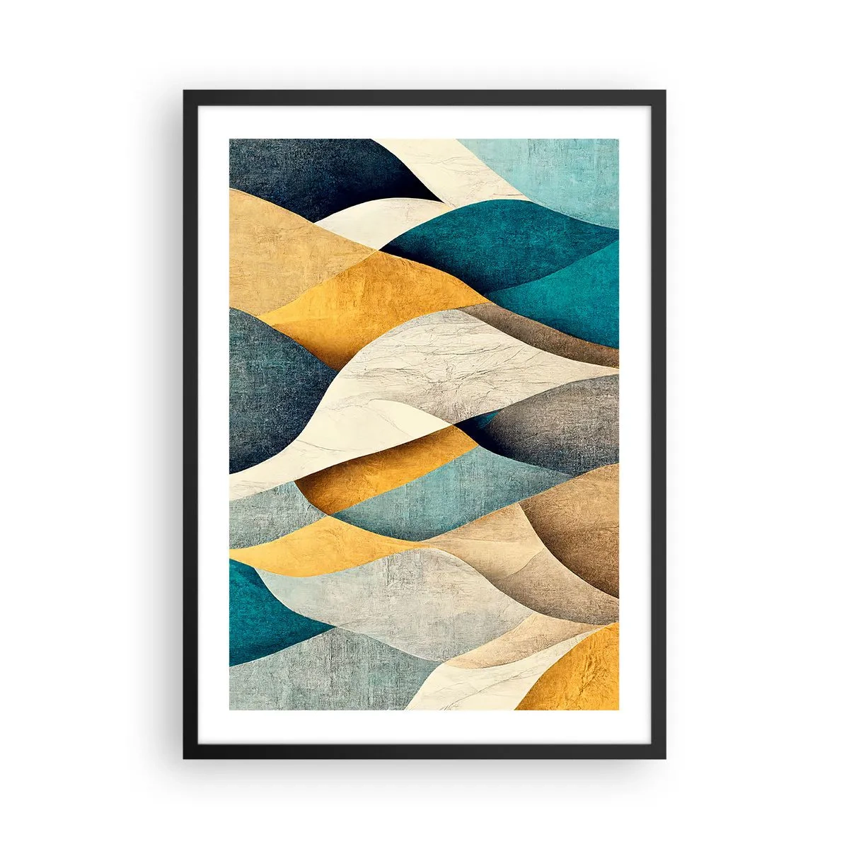 Poster in einem schwarzem Rahmen - Eine abstrakte Komposition aus wellenförmigen Formen in goldenen und blauen Farben. - 50x70cm - Rhythmus und Welle - Moderne Wanddekoration für Wohnzimmer und Schlafzimmer ARTTOR