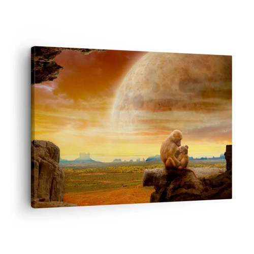 Bild auf Leinwand - Leinwandbild - Affen sitzen auf einem Felsen in einer surrealen Landschaft mit einem riesigen Planeten - 70x50cm - Die Liebe ist überall gleich - Moderne Wanddekoration für Wohnzimmer und Schlafzimmer ARTTOR