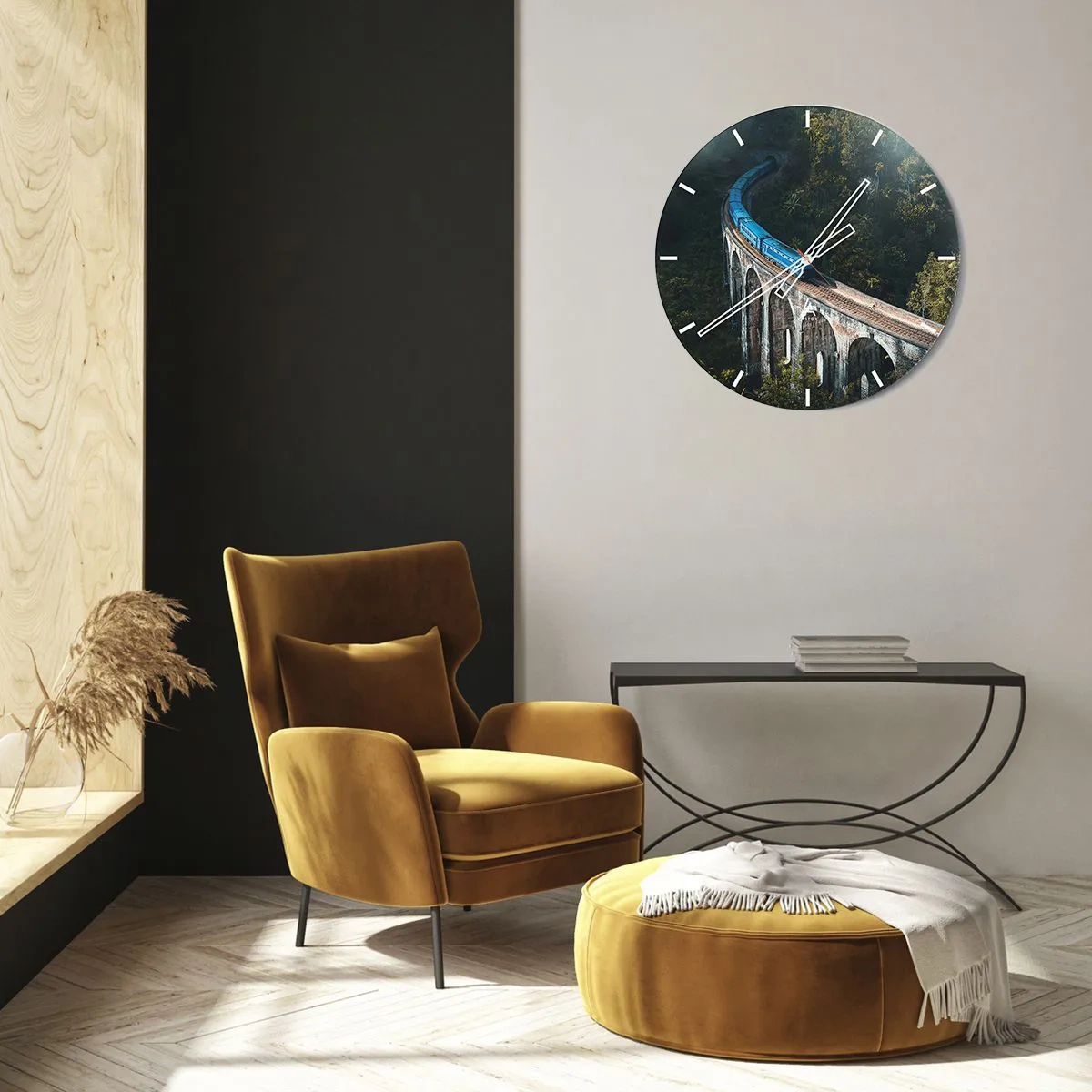 Wanduhr - Glasuhr - Ein Zug auf einem Viadukt inmitten tropischer Vegetation - 30x30cm - Neigung zur Natur - Moderne Wanddekoration für Wohnzimmer, Küche und Schlafzimmer ARTTOR