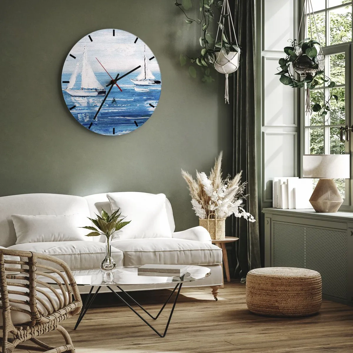 Wanduhr - Glasuhr - Weiße Segelboote auf blauem Meer im malerischen Stil - 30x30cm - Mit Freund an der Seite - Moderne Wanddekoration für Wohnzimmer, Küche und Schlafzimmer ARTTOR