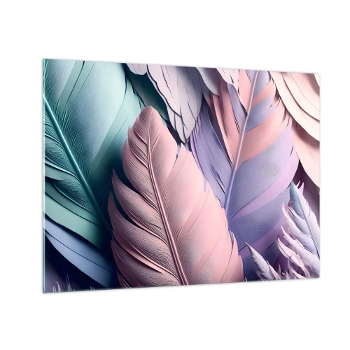 Glasbild - Bild auf glas - Pastellfarbene Federn in Rosa-, Lila- und Türkistönen - 70x50cm - Vogel-Chic - Moderne Wanddekoration für Wohnzimmer und Schlafzimmer ARTTOR