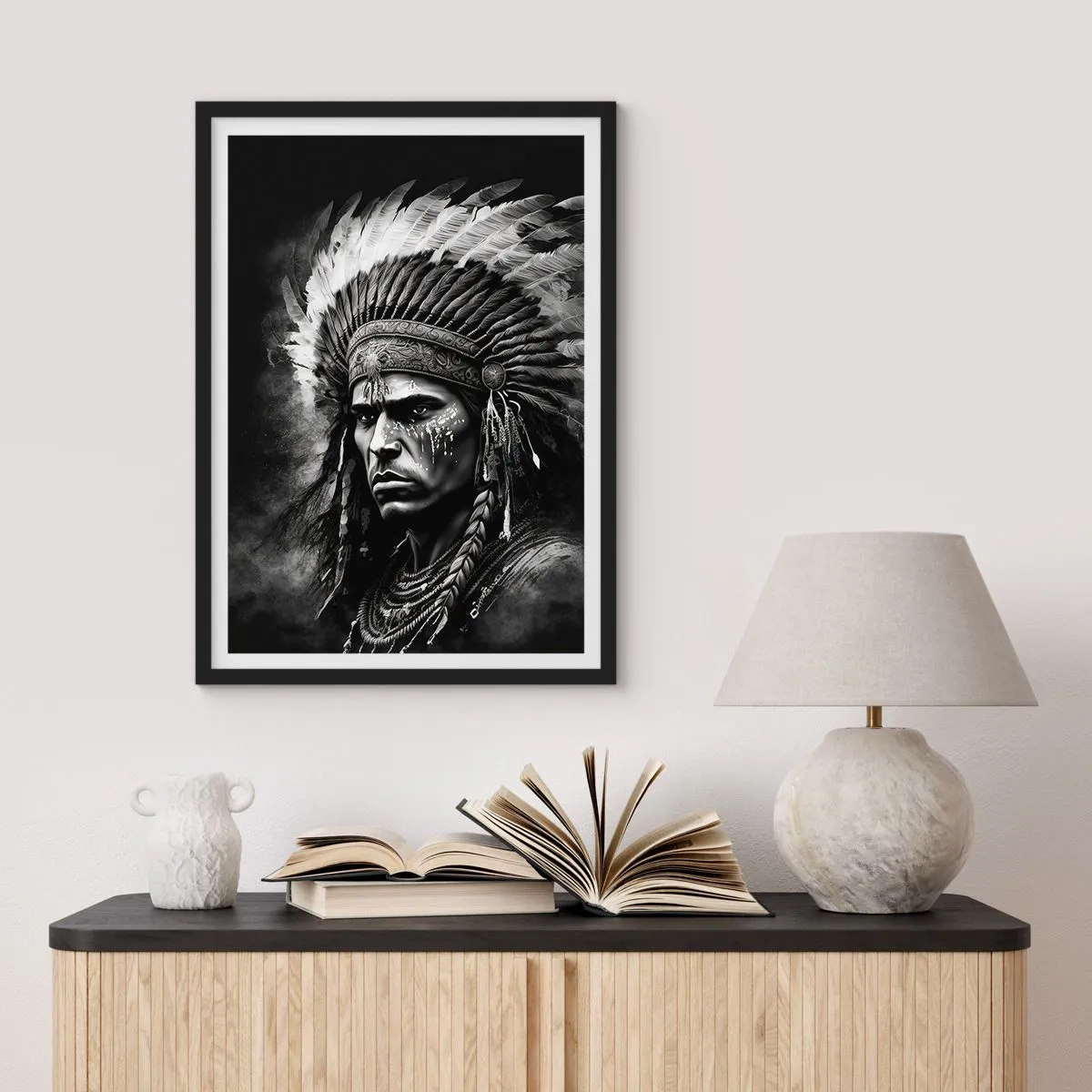 Poster in einem schwarzem Rahmen - Porträt eines Kriegers mit traditionellem Federkopfschmuck - 50x70cm - Anführer und Krieger - Moderne Wanddekoration für Wohnzimmer und Schlafzimmer ARTTOR