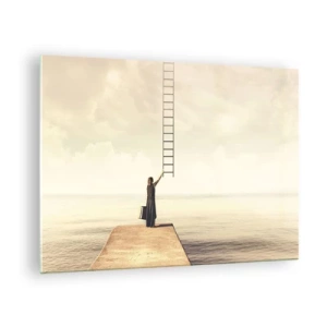 Glasbild - Bild auf glas - Frau auf einem Pier mit einer Leiter, die in den Himmel führt - 70x50cm - Eine magische Reise - Moderne Wanddekoration für Wohnzimmer und Schlafzimmer ARTTOR