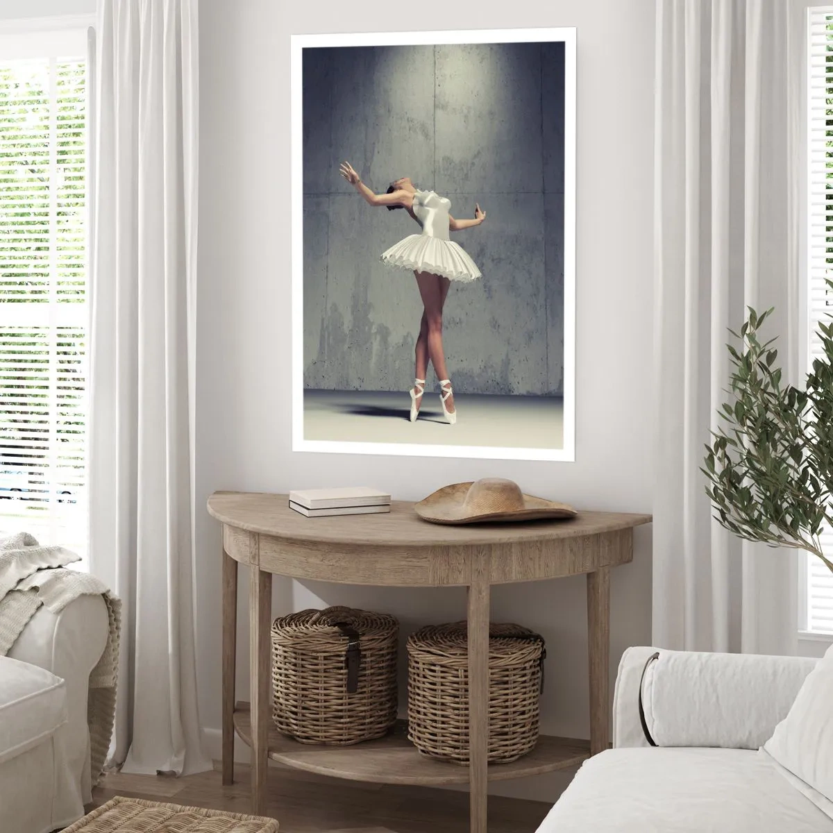 Poster - Eine Ballerina in einem weißen Kleid vor dem Hintergrund einer rohen Betonwand. - 50x70cm - Leicht wie ein Vogel - Moderne Wanddekoration für Wohnzimmer und Schlafzimmer ARTTOR
