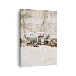Bild auf Leinwand - Leinwandbild - Ein Retro-Camper im Boho-Design vor einer felsigen Landschaft. - 50x70cm - Es ist die Zeit, die Reise zu beginnen - Moderne Wanddekoration für Wohnzimmer und Schlafzimmer ARTTOR